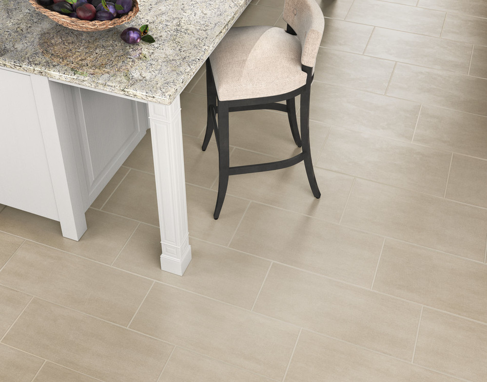 Close up of Koncrete Daltile Floor with Marble desk and small chair